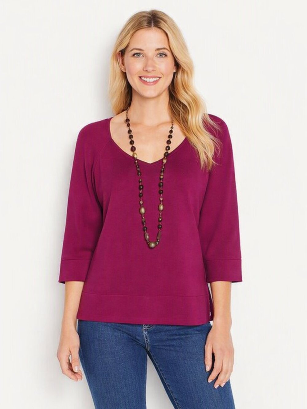 Coldwater Creek Fuchsia V‑Neck 3/4 Sleeve Top | Button Hem Detail | Size M